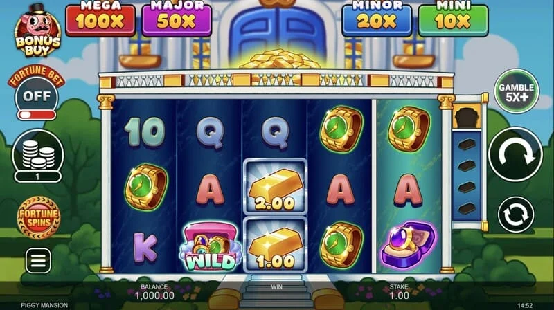 Piggy Mansion - 5x3 গ্রিড এবং টাকার চিহ্নের সাথে খেলার স্ক্রিন